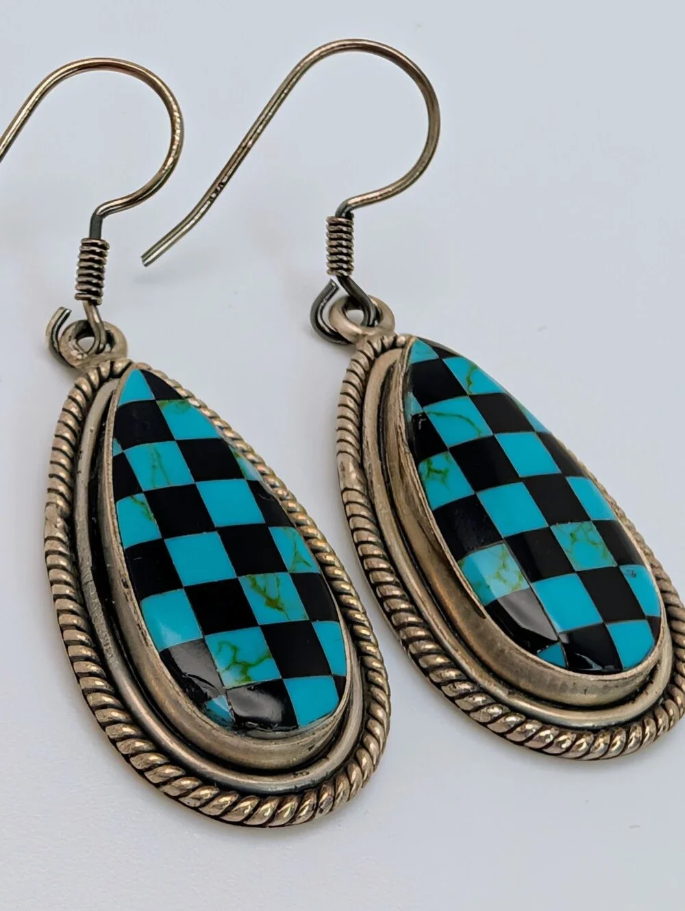 Turquoise & Black Onyx S925 Sterling Silver Matte Checkered Dangle Earrings